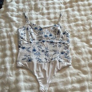 Floral Print White & Blue Sleeveless Bodysuit